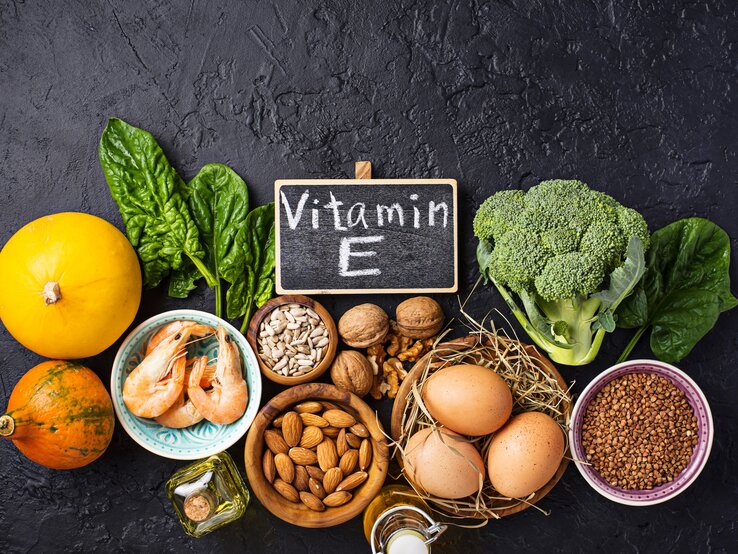 Das Bild zeigt eine Zusammenstellung von Lebensmitteln, die reich an Vitamin E sind, angeordnet auf einer dunklen Oberfläche. Im Vordergrund befindet sich eine kleine Schiefertafel mit der Aufschrift "Vitamin E". Zu den dargestellten Nahrungsmitteln gehören Blattgemüse, Nüsse, Samen, ein Kürbis, Brokkoli, Shrimps und Eier. Das Bild betont die Bedeutung einer ausgewogenen Ernährung mit Fokus auf Nährstoffen, die für die Gesundheit der Haut und allgemeines Wohlbefinden wichtig sind.