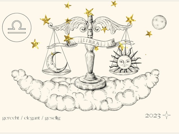Jahreshoroskop Waage: Astrologisches Symbol des Sternzeichens Waage vor pastellgelbem Hintergrund.