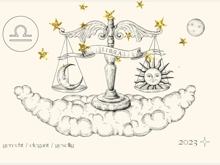 jahreshoroskop_sternzeichen_waage.jpg Jahreshoroskop Waage: Astrologisches Symbol des Sternzeichens Waage vor pastellgelbem Hintergrund.