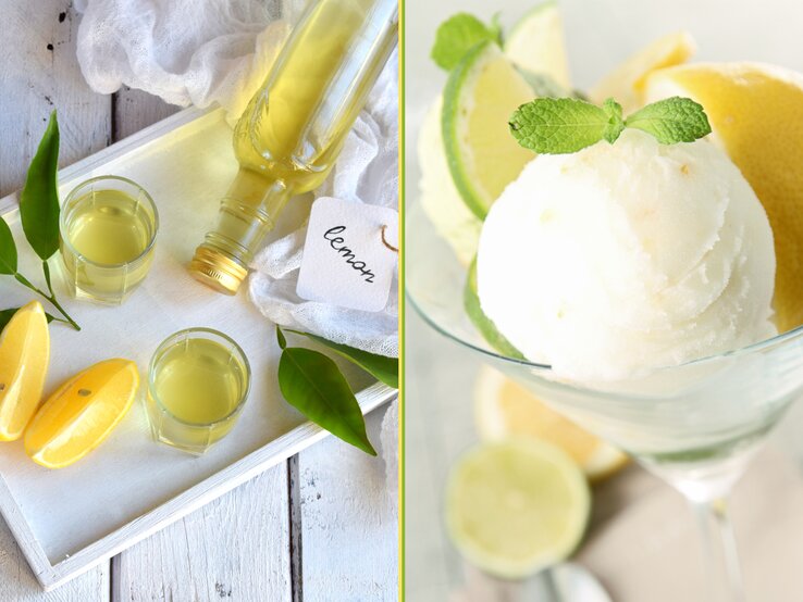 Zitroneneis-Limoncello Eine Collage aus einem Bild mit Limoncello und einem mit Zitroneneis. Alles direkt von oben fotografiert.