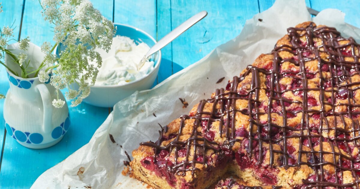 Schneller Kirschkuchen mit Schokochips vom Blech