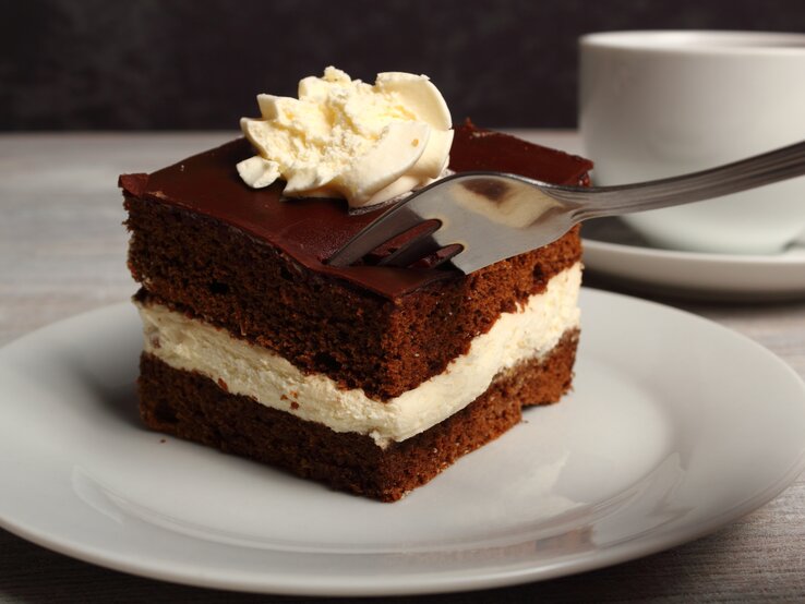 Geschichtete Schoko-Sahne-Torte mit Sahnehaube auf weißem Teller.