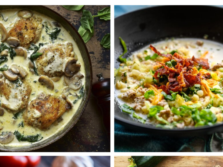 Vier Low-Carb-Gerichte in einer Collage. 