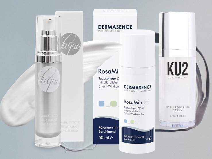 Iluqua Augenringe-Serum, RosaMin Tagespflege mit LSF 50 von Dermasence und Hyaluronsäure Serum von KU2 cosmetics  | © Getty Images, Iluqua, Dermasence, KU2 Cosmetics [M]