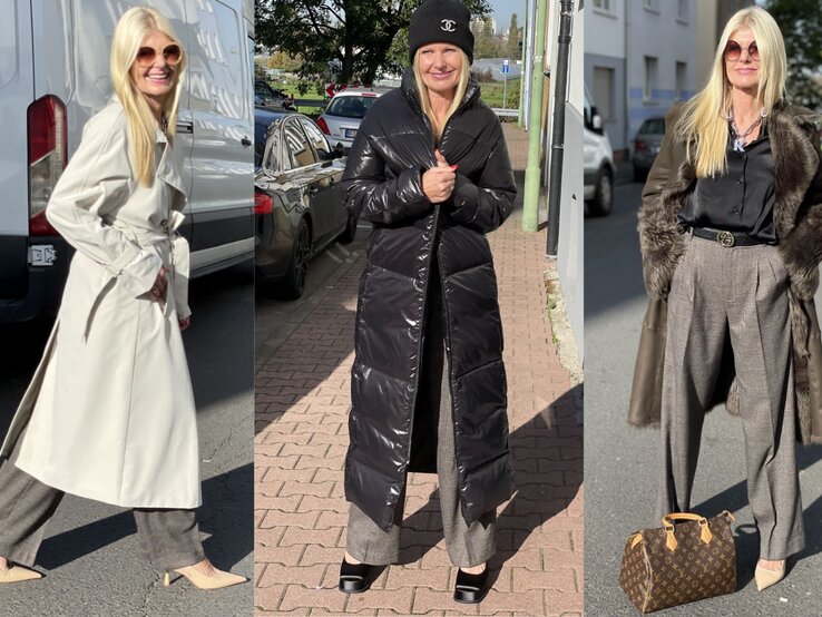 Frau mit langem blondem Haar im weißen Trenchcoat, grauer Hose und beigefarbenen Schuhen steht neben einem Lieferwagen. | © Renate Zott, Canva [M]