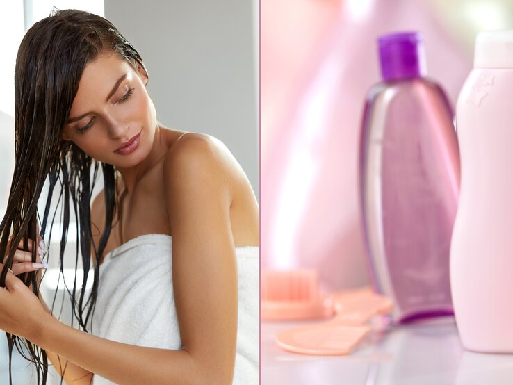 Collage: links eine junge Frau, die sich etwas in ihr nasses Haar einmassiert, rechts zwei Kosmetikflaschen in Rosa. | © iStock (2) Collage BILD der FRAU
