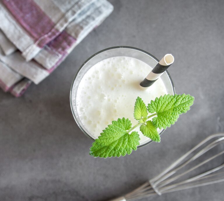  Das Bild zeigt ein Glas Ayran, ein traditionelles türkisches Joghurtgetränk, garniert mit einem frischen Zweig grüner Minze. Es ist von oben aufgenommen, wobei der Fokus auf dem cremigen Getränk liegt. Ein gestreiftes Geschirrtuch und ein Schneebesen liegen auf einer grauen Arbeitsplatte im Hintergrund, was darauf hindeutet, dass das Getränk frisch zubereitet wurde. Ein Papierstrohhalm steckt im Glas, bereit zum Genießen. | © iStock/Mizina