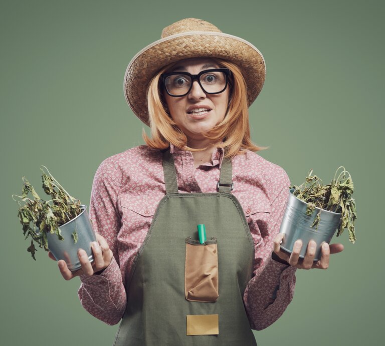 Frau mit vertrockneten Pflanzen in den Händen. | © Shutterstock/Stokkete