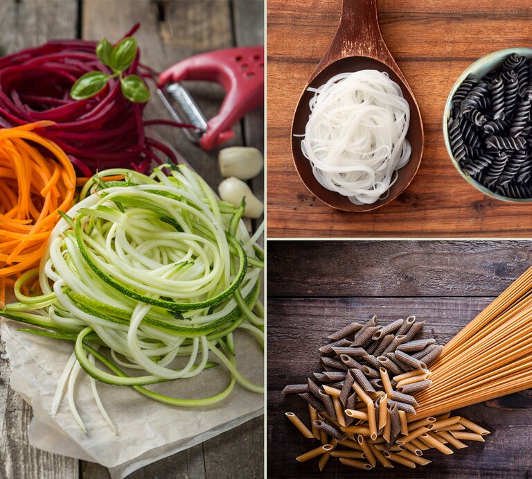 Mehrere Nudelsorten auf einem Tisch von oben fotografiert. | © iStock (4) Collage BdF Digital