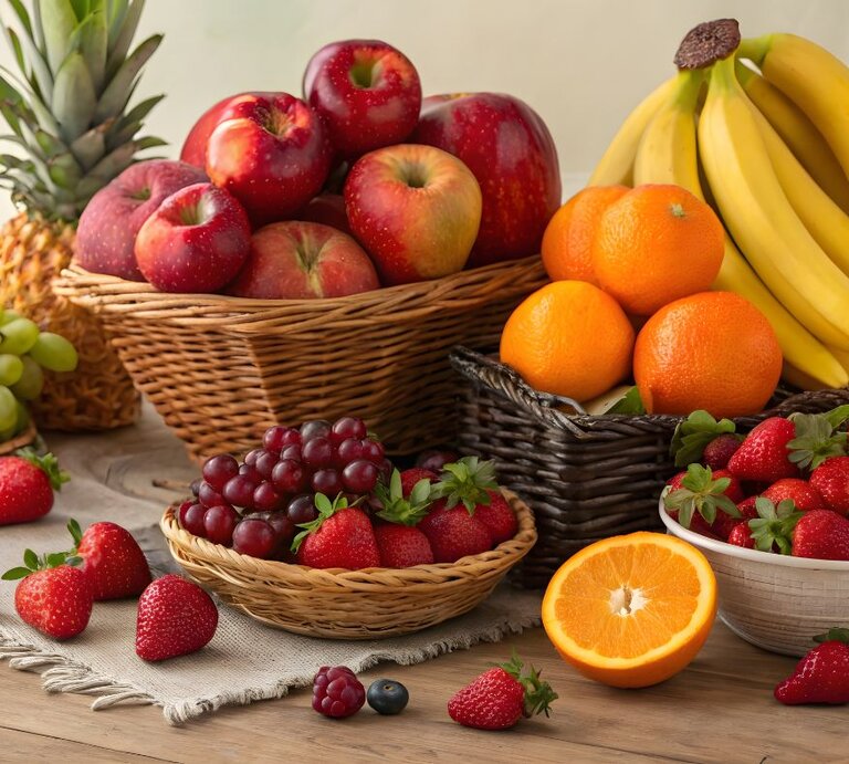Ein Arrangement von frischem Obst auf einem Tisch, darunter rote Äpfel in einem Flechtkorb, leuchtend gelbe Bananen, saftige Orangen, rote Trauben, grüne Weintrauben, reife Erdbeeren und eine aufgeschnittene Orange. Im Hintergrund ist eine Ananas zu sehen. | © Zac Bargman's Images Via Canva.com