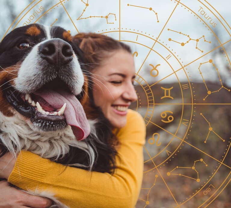 Frau umarmt von hinten einen Hund mit viel Fell. Danaben der Tierkreis mit den Symbolen der 12 Sternzeichen. | © Getty Images Signature/ Jasmina007 und WinWin.artlab via Canva.com [M]