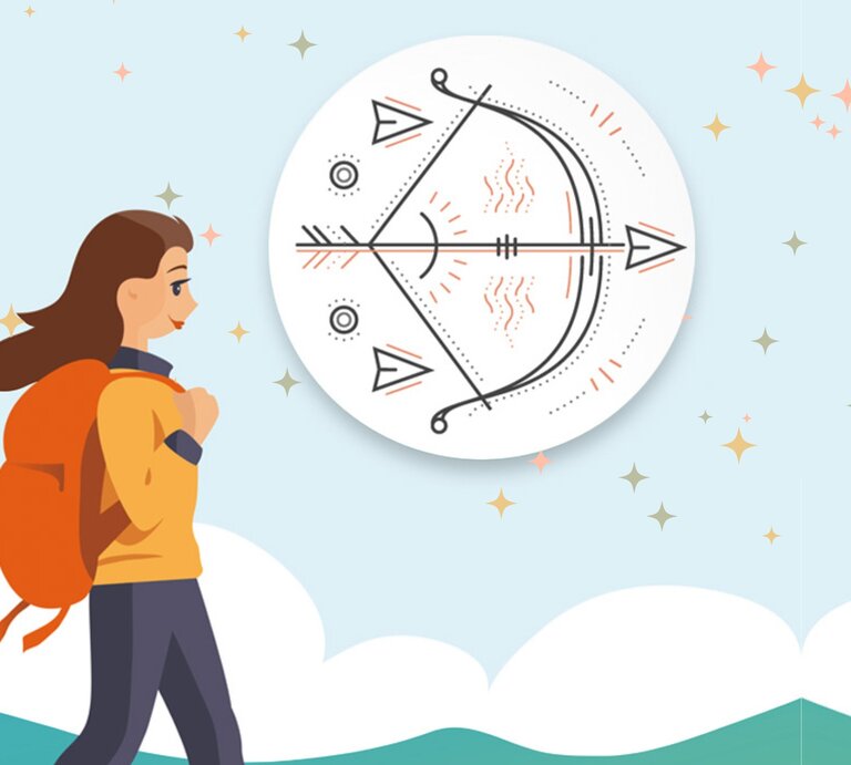 Illustration einer Frau mit einem Rucksack, die vor einem Symbol des Schützen-Sternzeichens steht. Um sie herum funkeln kleine Sterne am Himmel, was eine abenteuerliche und optimistische Atmosphäre vermittelt, passend zur Energie des Schützen. | © Getty Images und WC Studio via Canva.com [M]