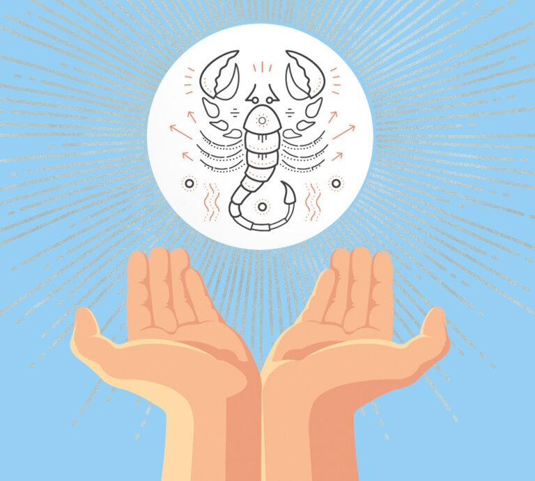 Illustration von zwei geöffneten Händen, die in Richtung einer strahlenden Sonne gehalten werden, in der das Symbol des Skorpions abgebildet ist. Die Szene vermittelt eine spirituelle und astrologische Atmosphäre, die auf Transformation und Achtsamkeit hinweist, passend zur Skorpion-Energie. | © Getty Images und Julia Dreams via Canva.com [M]