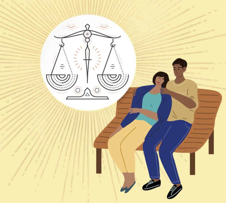 Das Bild zeigt eine Illustration eines Paares, das entspannt auf einer Bank sitzt. Der Mann legt seinen Arm um die Frau, die sich an ihn anlehnt, was eine ruhige und harmonische Stimmung vermittelt. Im Hintergrund ist eine große Sonne mit strahlenden Linien zu sehen, und in der Mitte des Bildes befindet sich eine Waage, das astrologische Symbol des Sternzeichens Waage. Die Szene suggeriert Gleichgewicht, Harmonie und Achtsamkeit, passend zum Thema der Balance im Leben, das für das Sternzeichen Waage von Bedeutung ist. | © Getty Images [M]