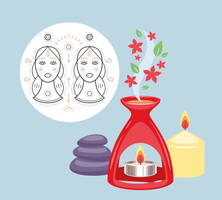 Eine Illustration zeigt das Symbol des Sternzeichens Zwillinge, stilisiert als zwei weibliche Figuren, die sich gegenüberstehen. Neben dem Symbol sind verschiedene Achtsamkeitsobjekte wie eine brennende Duftlampe mit Blumenaroma, ein Stapel Steine und eine Kerze dargestellt. Die Szene vermittelt Ruhe und Balance, was auf Achtsamkeitstechniken hinweist, die für Zwillinge besonders geeignet sind, um inneres Gleichgewicht zu finden. Der Hintergrund ist in einem sanften Hellblau gehalten, was die entspannte Atmosphäre unterstreicht. | © Getty Images [M]