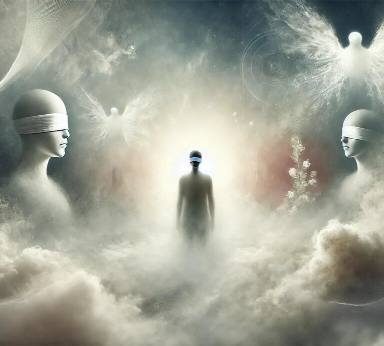 Eine traumähnliche Szene zeigt eine Person, die in einer nebligen, ätherischen Landschaft steht und Blindheit symbolisiert. Die Augen der Person sind geschlossen, und sie ist von einem weichen, leuchtenden Licht umgeben. Der Hintergrund besteht aus undeutlichen, nebeligen Formen und Schatten, was ein Gefühl von Unsicherheit und Geheimnis erzeugt. Die Atmosphäre ist nachdenklich und introspektiv, mit einem Hauch von spirituellem Erwachen. Die Farbpalette ist gedämpft, mit Grautönen, Weiß und sanften Blautönen, die die surreale und rätselhafte Stimmung verstärken. | © Bild erstellt von DALL-E, einem KI-Bildgenerierungsmodell von OpenAI