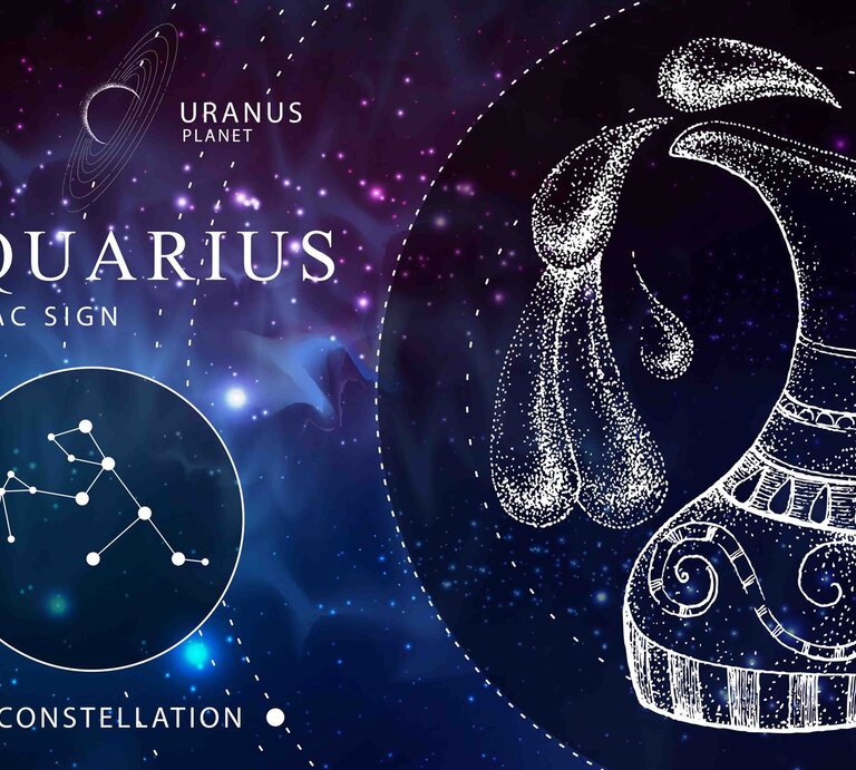 Das Sternzeichen Wassermann als weiße Grafik vor dunkelblauem Hintergrund, der an das Universum erinnert. Daneben ebenfalls gezeichnet der Planetenherrscher Uranus und das Sternbild Wassermann. | © Getty Images / Ganna Bozhko