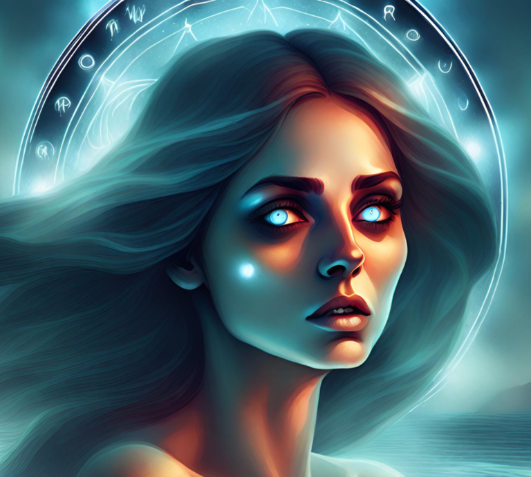 Frau mit glühenden Augen, von Wasser und astrologischen Zeichen umgeben | © Bilder KI von Canva.com