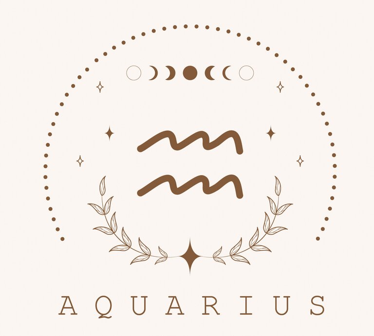 Zeichnung des astrologischen Symbols für das Sternzeichen Wassermann auf hellem Untergrund, umrahmt von Punkten und dem Mond in seinen verschiedenen Phasen. | © Adobe Stock/ KeronnArt
