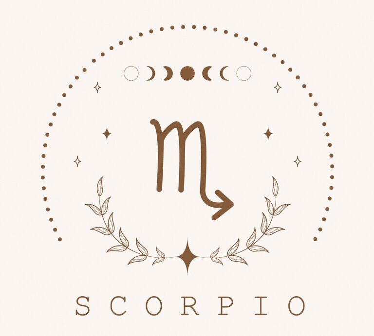 Zeichnung des astrologischen Symbols für das Sternzeichen Skorpion auf hellem Untergrund, umrahmt von Punkten und dem Mond in seinen verschiedenen Phasen. | © Adobe Stock/ KeronnArt