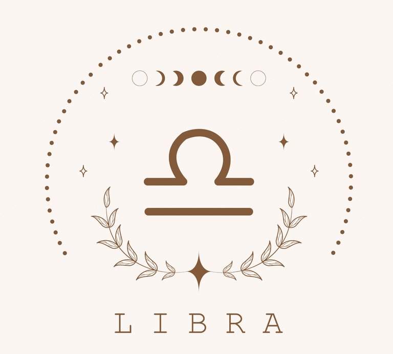 Zeichnung des astrologischen Symbols für das Sternzeichen Waage auf hellem Untergrund, umrahmt von Punkten und dem Mond in seinen verschiedenen Phasen. | © Adobe Stock/ KeronnArt