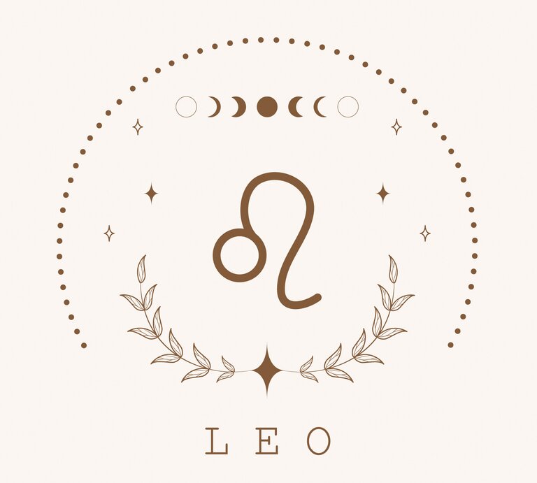 Zeichnung des astrologischen Symbols für das Sternzeichen Löwe auf hellem Untergrund, umrahmt von Punkten und dem Mond in seinen verschiedenen Phasen. | © Adobe Stock/ KeronnArt