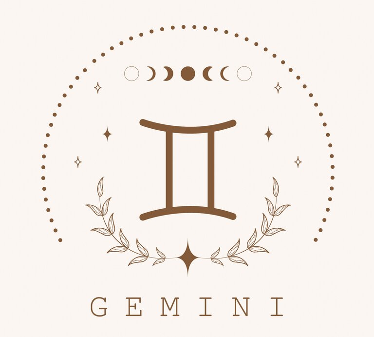 Zeichnung des astrologischen Symbols für das Sternzeichen Zwillinge auf hellem Untergrund, umrahmt von Punkten und dem Mond in seinen verschiedenen Phasen. | © Adobe Stock/  KeronnArt
