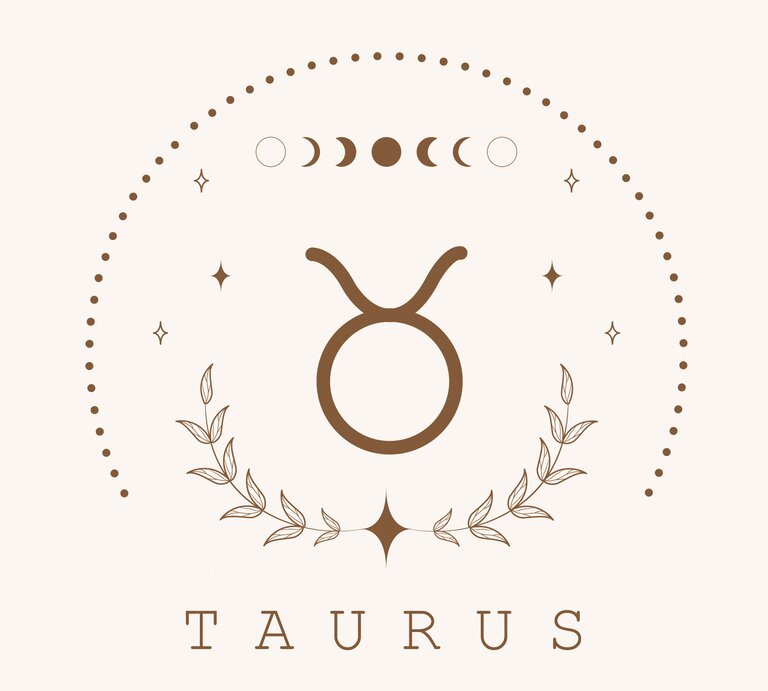Zeichnung des astrologischen Symbols für das Sternzeichen Stier auf hellem Untergrund, umrahmt von Punkten und dem Mond in seinen verschiedenen Phasen. | © Adobe Stock/ KeronnArt