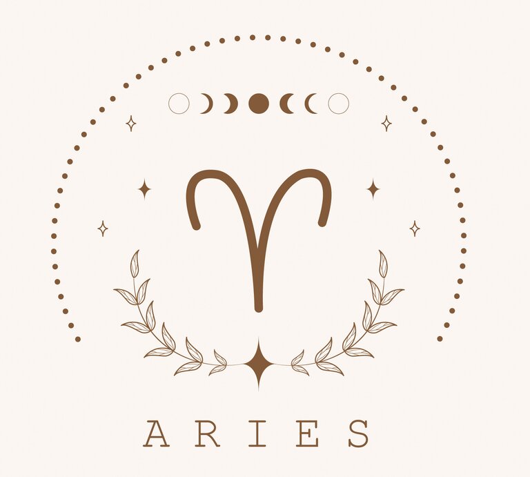 Zeichnung des astrologischen Symbols für das Sternzeichen Widder auf hellem Untergrund, umrahmt von Punkten und dem Mond in seinen verschiedenen Phasen. | © Adobe Stock/ KeronnArt