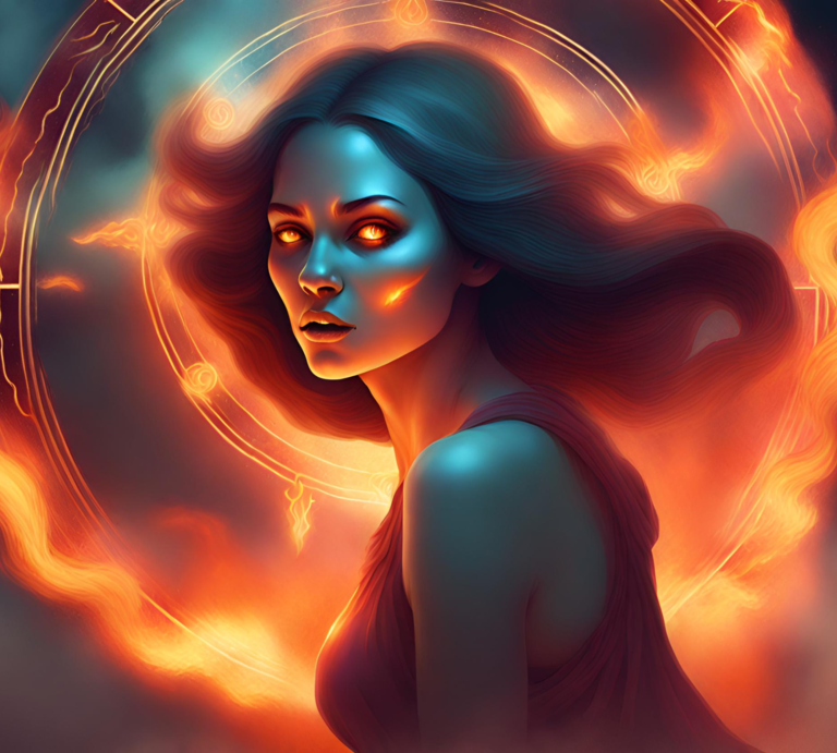 Göttin mit brennenden Haaren und astrologischen Zeichen | © Canva Bilder AI