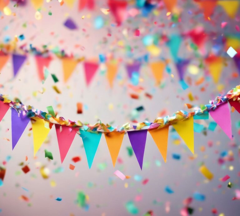 Bunte Wimpelgirlanden für Fasching in Gelb, Pink und Blau hängen in einem Raum, während farbenfrohes Konfetti durch die Luft wirbelt. | © Adobe Stock/wafi (KI-generiert)