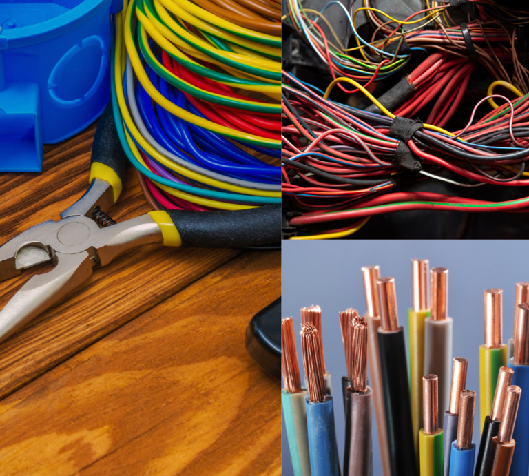 Bunte Elektrokabel, Abisolierzange und Verteilerbox liegen auf Holz, daneben Detailaufnahmen von Kupferdrähten und Kabelsalat. | © Canva [M]