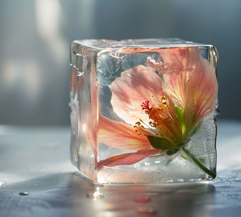 Nahaufnahme einer rosa Blume, die in einem transparenten Eiswürfel eingeschlossen ist und auf einem nassen Tisch liegt. | © Adobe Stock/ALEXSTUDIO (KI-generiert)