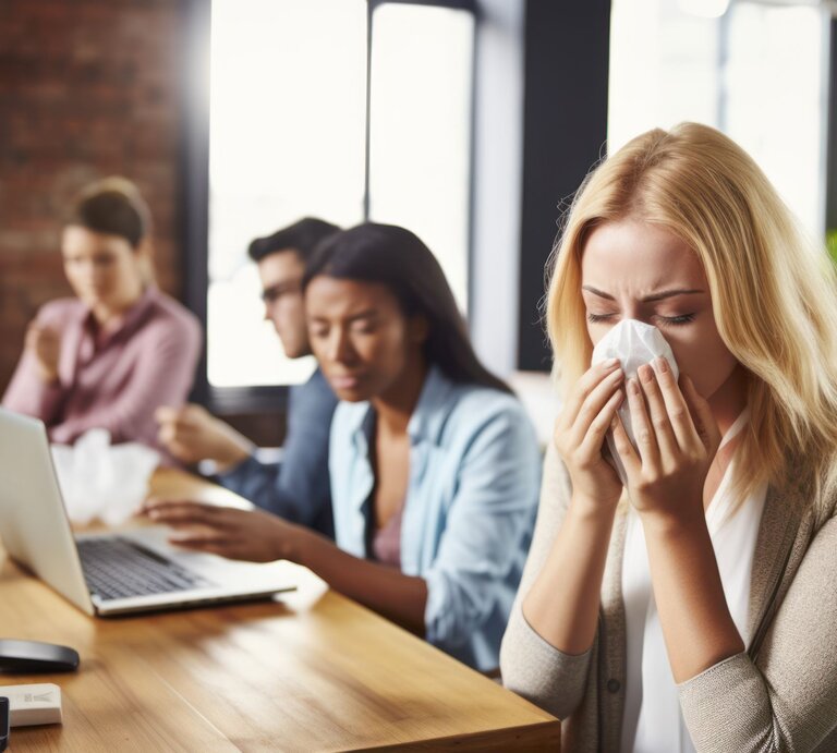 Eine junge blonde Frau mit Taschentuch niest an einem Schreibtisch in einem Büro, im Hintergrund arbeiten drei weitere Personen an Laptops. | © Adobe Stock/Kondor83