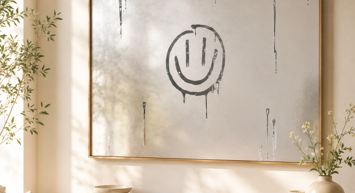 Beschlagenes Spiegelbild mit aufgemaltem Smiley und verlaufenden Farbtropfen über einer Holzkonsole in hellem Wohnzimmer.
