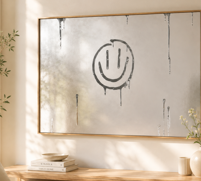 Beschlagenes Spiegelbild mit aufgemaltem Smiley und verlaufenden Farbtropfen über einer Holzkonsole in hellem Wohnzimmer. | © Generiert mit KI (Erstellt mit ChatGPT) 