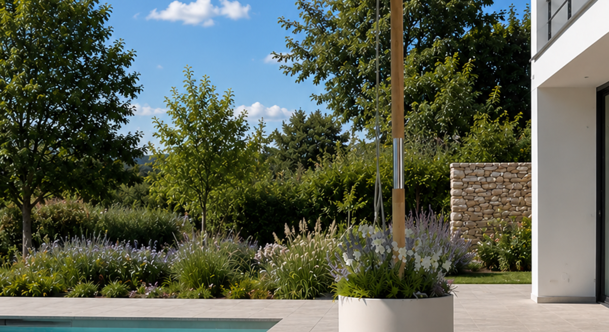Eleganter Sonnenschirmständer mit integriertem Pflanzkübel auf einer modernen Poolterrasse. Hochwertiger Holz-Sonnenschirm vor gepflegter Gartenlandschaft und zeitgenössischer Architektur an einem sonnigen Sommertag.