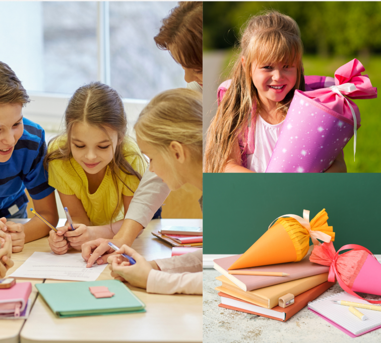 Fröhliche Kinder lernen gemeinsam am Tisch, ein Mädchen hält draußen stolz ihre Schultüte, daneben liegen Bücher und Tüten im Klassenzimmer. | © Canva/Collage:bildderfrau.de
