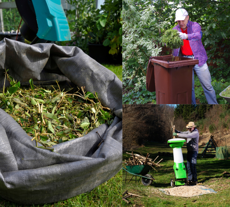 Zwei Männer zerkleinern Äste mit Häckslern und befüllen im Garten Säcke und eine Biotonne mit frischem Grünschnitt. | © Canva/Collage:bildderfrau.de