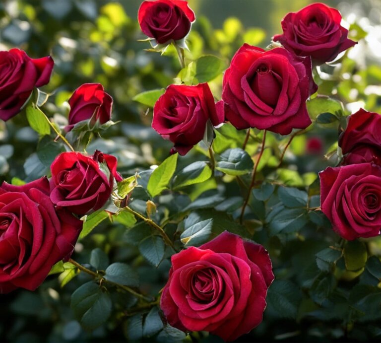 Üppige rote Rosenblüten an grünen Sträuchern leuchten im Sonnenlicht in einem sommerlichen Garten. | © Shutterstock/Findi Hardianty