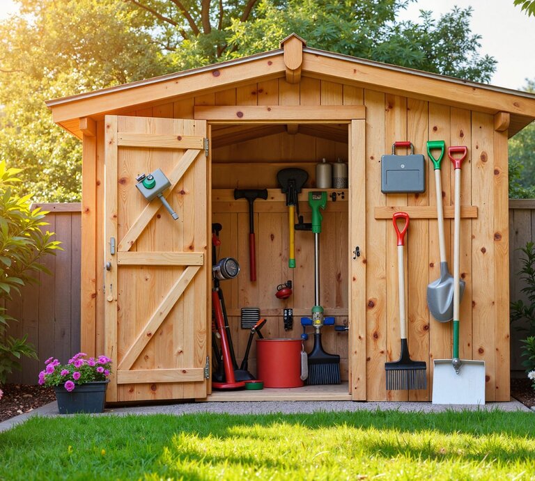 Ein hölzernes Gartenhaus mit geöffneter Tür, gefüllt mit Werkzeugen, Schaufeln und Rechen, umgeben von grünen Pflanzen und bunten Blumen. | © AdobeStock/Olga Nevskaya (generiert mit KI) 
