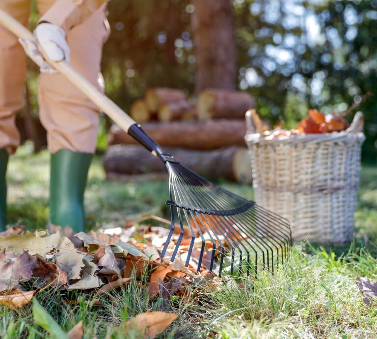 Eine Person in grünen Gummistiefeln und hellbrauner Hose harkt Laub im Garten neben einem Korb voller Blätter. | © Shutterstock/S_Photo