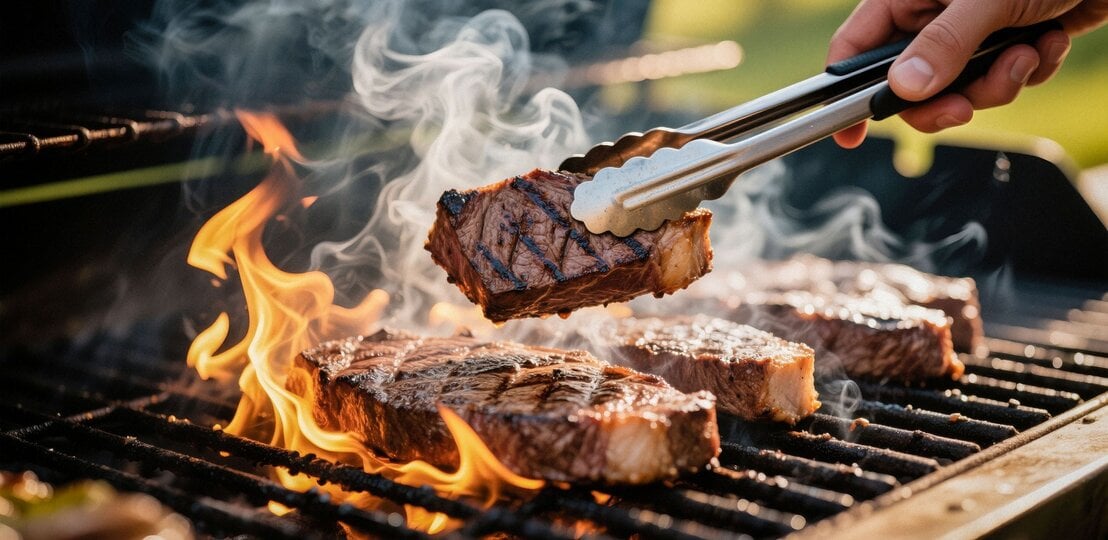 Saftige Steaks brutzeln auf offenem Grill, während eine Hand das Fleisch mit einer silbernen Zange wendet. | © Shutterstock/Merch Hub