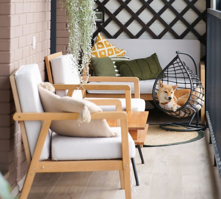 Schmaler Balkon mit Loungemöbeln, Wandspiegel und üppiger Hängepflanze; ein ruhiger Shiba Inu entspannt im schwarzen Hängesessel. | © GettyImages//Elena Grigorovich