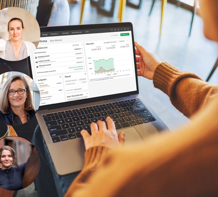 Frau sitzt am Laptop und macht ihre Buchhaltung mit lexoffice. | © lexoffice