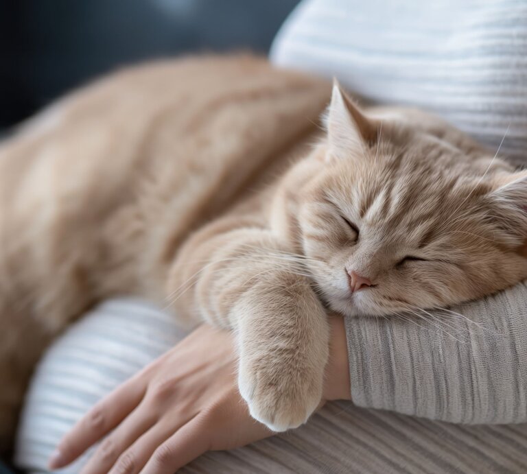 Eine cremefarbene Katze schläft entspannt mit dem Kopf auf dem Bauch und Arm einer schwangeren Frau, die ein grau-weiß-gestreiftes Oberteil trägt. | © Adobe Stock/ cherezoff (Generiert mit KI)