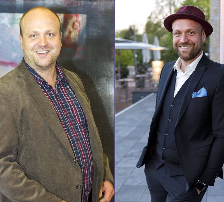 Collage von 2 Fotos von Schauspieler Moritz A Sachs in unterschiedlichen Outfits und Umgebungen, links ist er noch rundlich, rechts schlank. | © imago (2) / Collage BILD der FRAU
