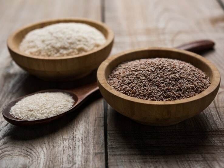 So sehen sie also aus: Flohsamen und Flohsamenschalen.  Flohsamen und Flohsamenschalen in einer Schale und auf einem Löffel.