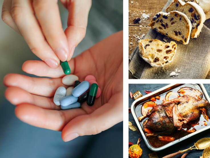 Hand mit verschiedenen Nahrungsergänzungskapseln, daneben aufgeschnittene Scheiben Weihnachtsstollen und ein gebratener Gänsebraten in einer Auflaufform.