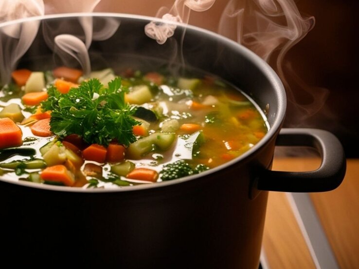 Ein schwarzer Kochtopf mit dampfender Gemüsesuppe auf einem Herd; sichtbar sind Karotten, Sellerie, Zucchini und Kräuter in klarer Brühe.